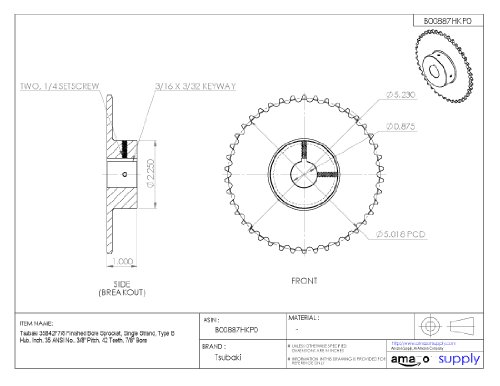 Tsubaki 35b42fp Sprocket de furo acabado, fita única, polegada, 35 ANSI No., pitch de 3/8 , 42 dentes, furo de 7/8