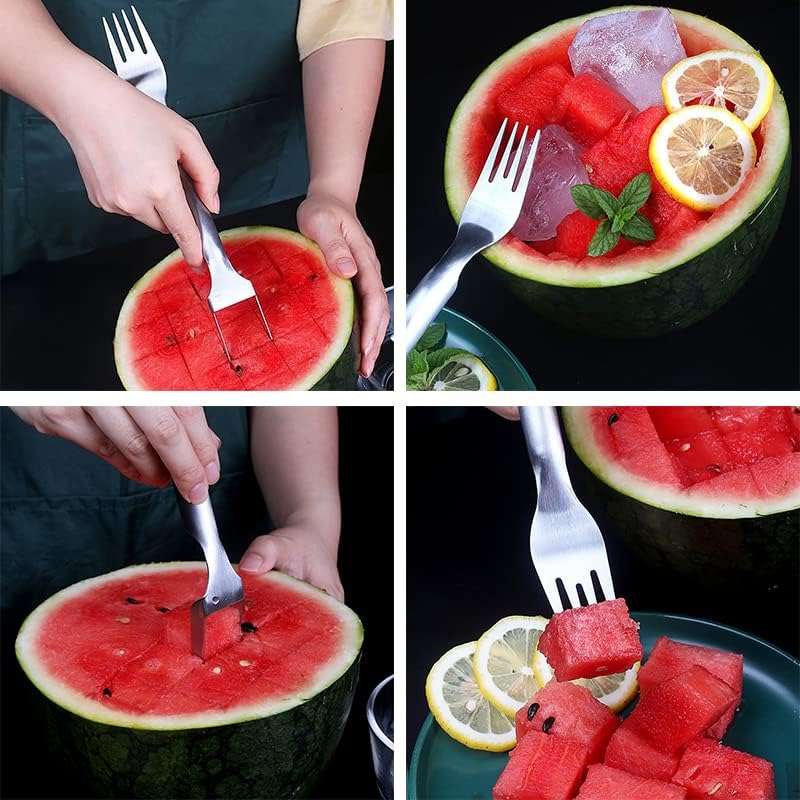 Forker de melancia 2-em-1 genérico, garfo de frutas multiuso pode ser cortado em pedaços portáteis de utensílios criativos de frutas criativas garfo de aço inoxidável para festas em família para festas