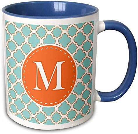 3drose letra m monograma laranja e azul caneca de cerâmica de quatrefoil, 11 oz