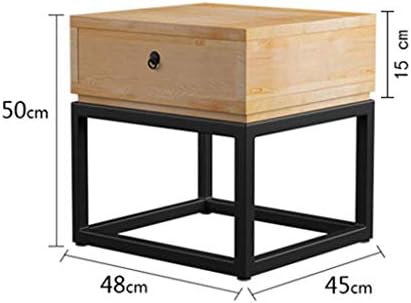 Mesa de cabeceira de madeira de madeira sólida com design de ferro, mesa de sofá pequena com canto antigo, mesa quadrada de cabeceira,