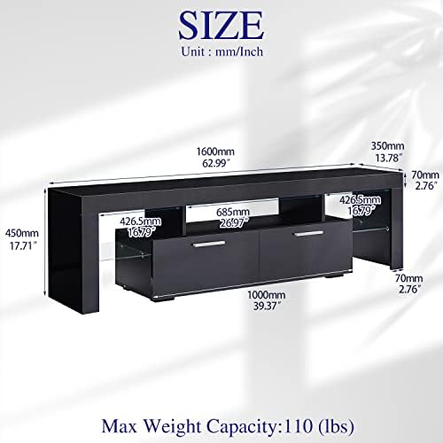 ADDJY Black TV Stands com luzes LED Centro de entretenimento de TV de alto brilho para TV de 70 polegadas com 2 gavetas flip