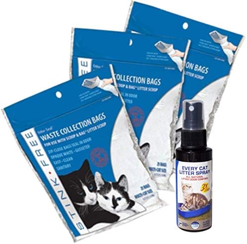 Saco de lixo de lixo de gato grátis - Sacos de areia de gatinha à prova de cheiro. 3 pacotes de 21 sacos para cocô e urina. Limpeza de suprimentos para sua caixa de areia e amostra grátis de cada spray de ninhada de gato