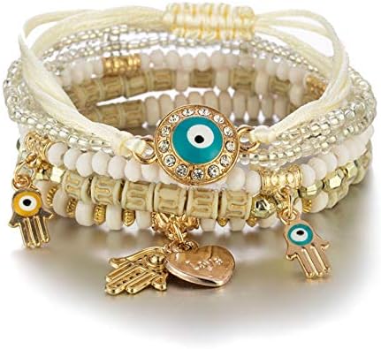 4pcs Bohemian Multilayer Evil Eye Hamsa Fatima Mão de concha de mão de mão Bracelet Bracelet em camadas Strechable empilhável