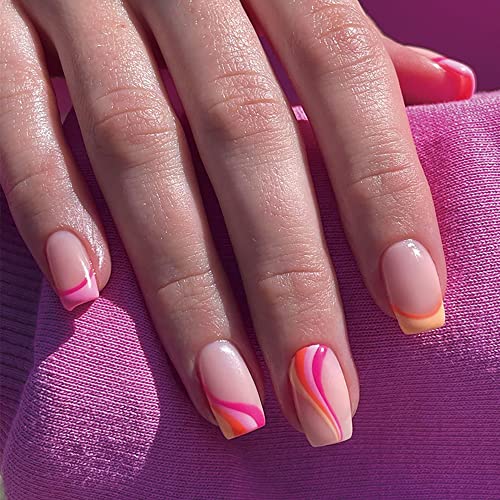 24 PCs Pressione as unhas Comprimento médio, quadrado Nails falsos Pink French Tip Press Pressione Nails Tampa completa