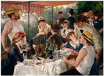 ALONLINE ART - Almoço da festa de barco por Auguste Renoir | Imagem emoldurada preta impressa em tela algodão, anexada à placa