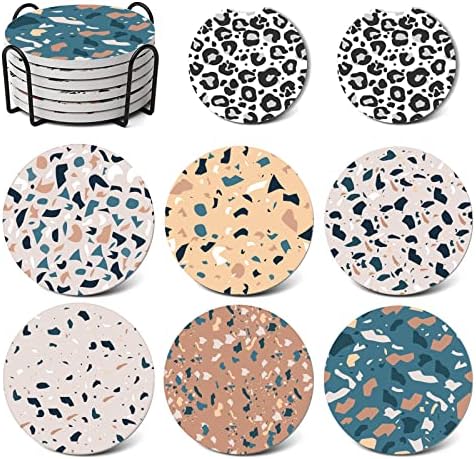 Coasters para bebidas, conjuntos de 6 montanhas -russas absorventes de cerâmica no estilo Terrazzo com base de cortiça mais conjunto