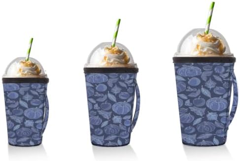 Ação de Graças Autumn Blue Pumpkins Folhas de queda reutiliza de café gelado com manga de neoprene para refrigerante, café com leite, chá, bebidas, cerveja