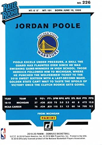 2019-20 Panini donruss Basketball 226 Jordan Poole ROOKIE CARD - ROOKIE RATADO