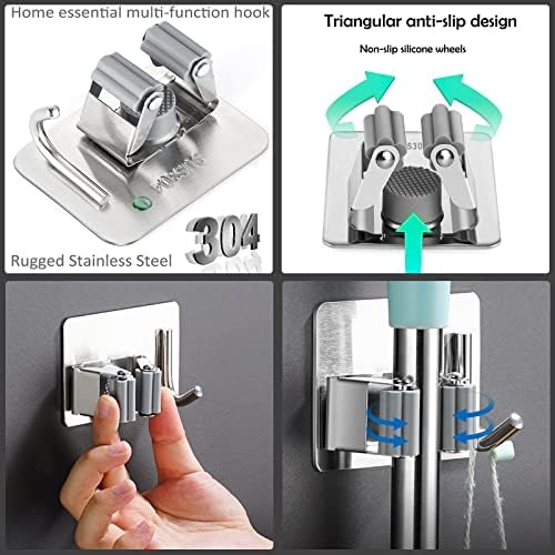 MOP e BROOM Organizer Hanger Hanger Garage Tool Pratening Organização e ganchos de armazenamento Racks Montagem de parede, 4 PKs Auto -adesivo