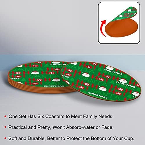 Coasters para bebidas Papai Noel Christmas Leatra redonda Tapa de copo de caneca para proteger móveis, resistência ao calor, decoração da barra de cozinha, conjunto de 6