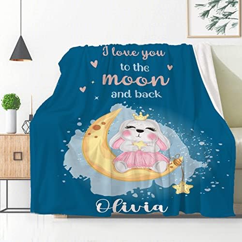 Planta de bebê personalizada coelho de coelho personalizado nome de bebê eu te amo até a lua e um presente de cobertor para trás para chuveiro recém -nascido