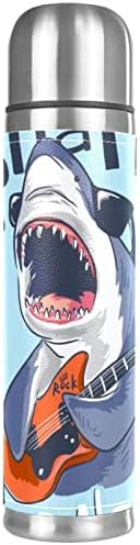 Lilibeely 17 oz a vácuo a vácuo aço inoxidável garrafa de água esportes de caneca de caneca de caneca de caneca de caneca de couro genuíno embrulhado bpa grátis, tubarão de desenho animado tocando guitarra