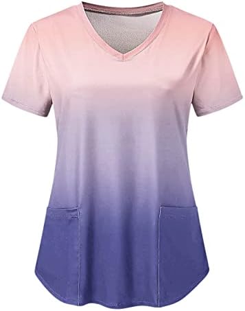 Blouses Dressy para mulheres gradiente de verão impresso de bolso de manga curta solta Camisetas diárias de manga curta Tops Scrub