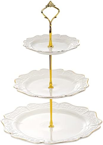 Lyellfe 3 cupcake de cerâmica de 3 camadas, suporte de bolo de sobremesa em relevo branco com borda dourada, festa
