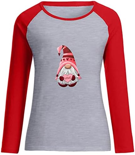 Camisa dos namorados para mulheres gnomos gráficos de manga longa camisetas top fofo férias de férias colorido colorblock