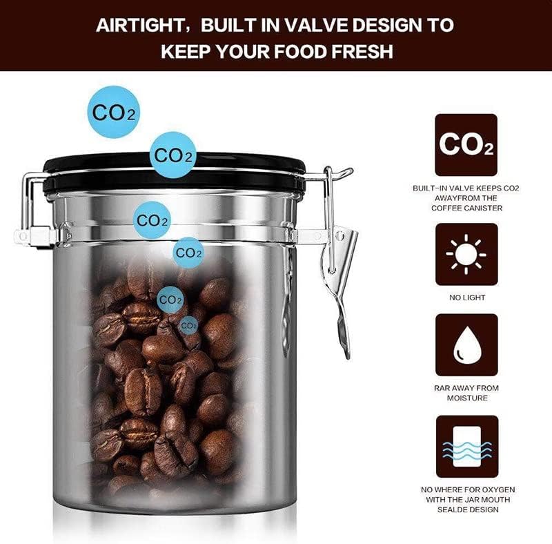 Recipiente de café Airtight de Yfqhdd - Aéreo - Aço inoxidável Válvula de válvula de CO2 com SCOOP - mantém seu café com sabor fresco