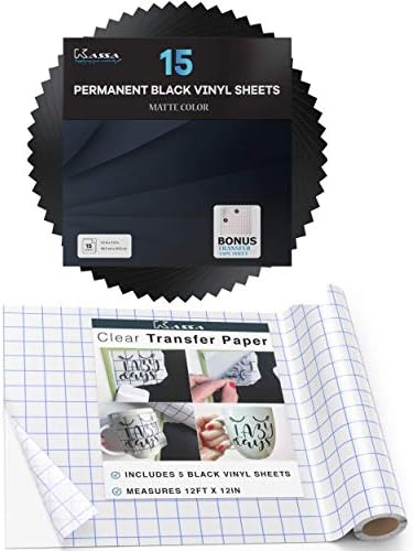 Pacote de vinil kassa, fita adesiva permanente folhas de vinil preto, 15 pacote, 12x12 polegadas e rolo de fita de transferência transparente, 12 pés