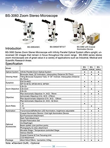 Microscópio de zoom estéreo trinocular BS-3060BT BS-3060BT, oculares wf10x, ampliação 8x-64x, objetivo do zoom 0,8x-6,4x, objetivo 1x do plano auxiliar do infinito, sistema óptico paralelo, iluminação superior e inferior, estágio fixo, 110v