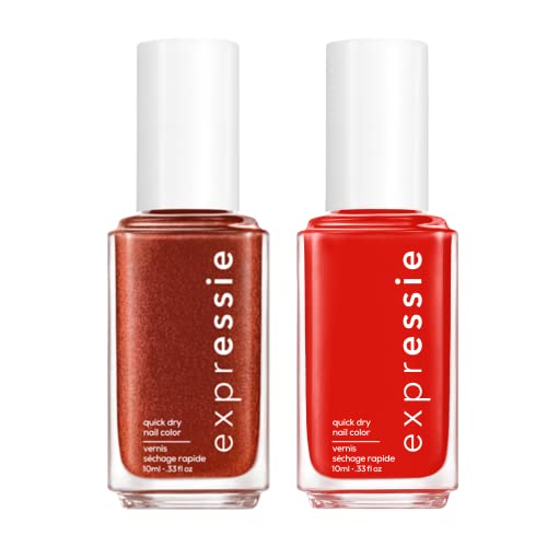 Conjunto de esmaltes de unha seco rápido Essie Expressie, Gold + Red Standlet Nails, envie uma mensagem + desajuste direto, 0,33 fl oz cada