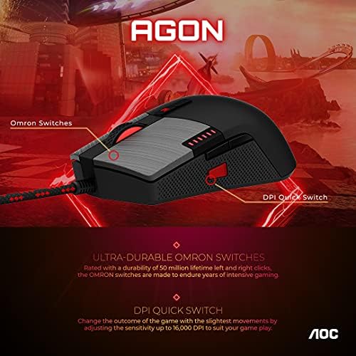 Mouse de jogos RGB de grau de torneio Agon, Switches OMRON, 16000 DPI, botões personalizáveis ​​+ alteração no DPI na fly, mudança