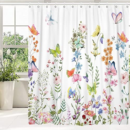 Cortina de chuveiro floral gcirec, flores silvestres coloridas de aquarela com borboletas, decoração de banheira de banheira de banheira, máquina de tecido à prova d'água lavável com ganchos, 72 WX72 L