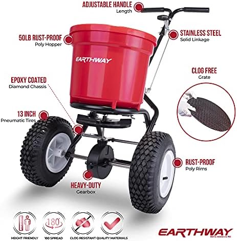 Earthway 2150 50 lb Spreadador de fertilizantes de transmissão comercial. Push-behind, vermelho e pesado, semeadora de
