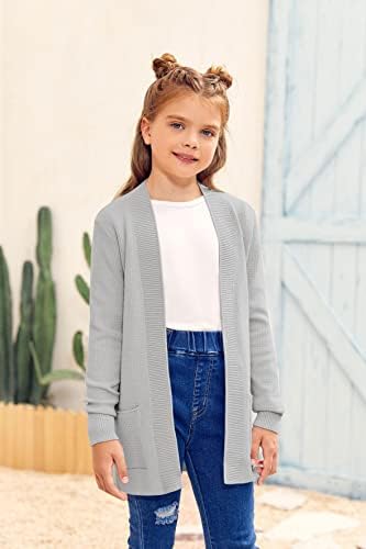 Knitswegan Girls Manga longa Cardigan Casual Kids Open Sweater de malha macia de malhas superficiais com bolsos