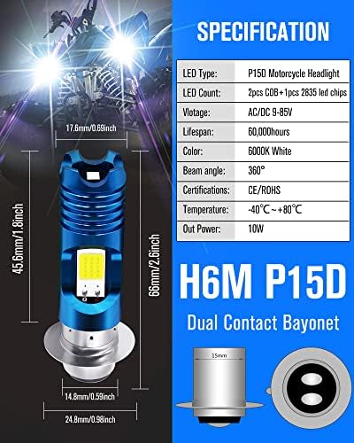 Bulbo LED de 2pcs H6M, lâmpada de farol de motocicleta AC/DC 9-85V P15D Hi/Lo Beam 2XCOB+3528 lâmpadas LED de lascas