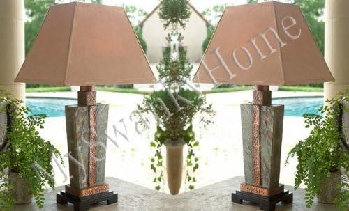 Linda pedra de ardósia e lâmpada de mesa de cobre par de ar livre interna