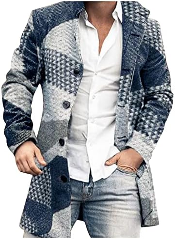 Casaco de trincheira xzhdd para masculino, casaco de lã de lã de peito único impresso geométrica