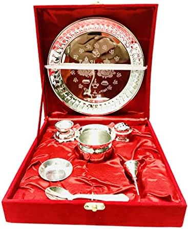 Kunal Silver Pooja thali Set Bhog thali Set Pooja Thali Set para Navratri/Navaratri Pooja Casamento Diwali Aarti Karwa Chauth Red