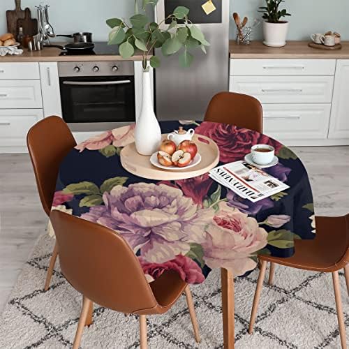 Toleta de mesa redonda de flor de rosa qsirbc 60 polegadas, toalha de mesa à prova d'água durável, capa de mesa de tecido lavável perfeita para primavera, verão, sala de jantar e festa