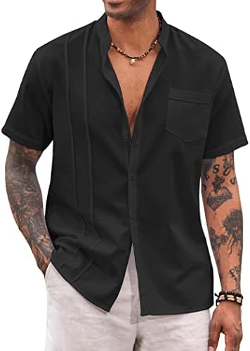 Coofandy Men Men Cuba Guayabera Camisa de manga curta Botão de linho de linho Camisa casual de praia