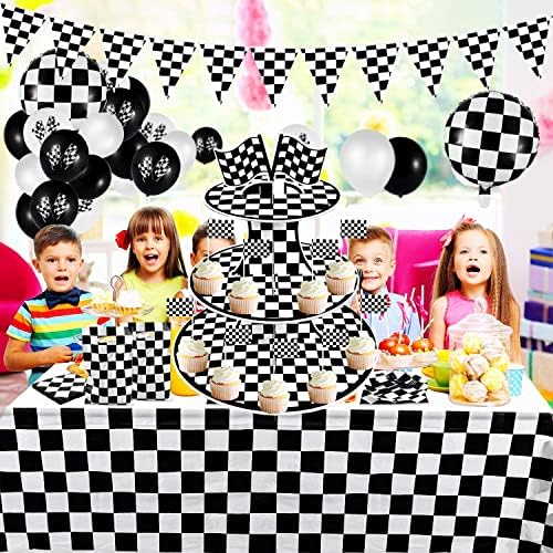 Cupcake de papelão de carro de três camadas/torre de cupcake preto e branco Stand de cupcake, 24pcs Racing Flag Cupcake Toppers, Racing Car Party Supplies