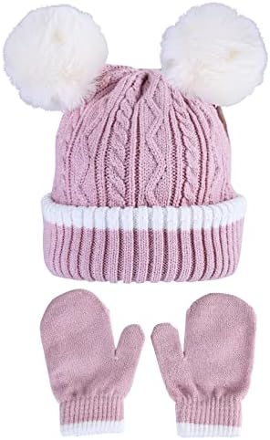 Primeiros passos Criança/chapéu de bebê e conjunto de luto, malha suave POM Double Feanie & Luvas - Acessórios para clima frio, 6m