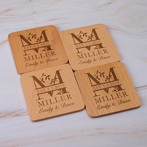 Monograma personalizado Coasters de madeira de faia para bebidas - Presentes de casamento personalizados Presentes de chuveiro de noiva - Coasters personalizados Conjunto de 6