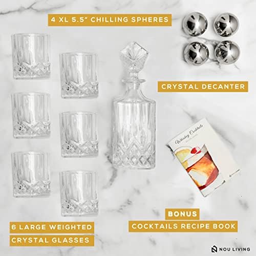 Nou Living 11 PC Crystal Whisky Decanter Set com óculos - Decantador elegante de uísque e vidro Conjunto de 6 - Decanter