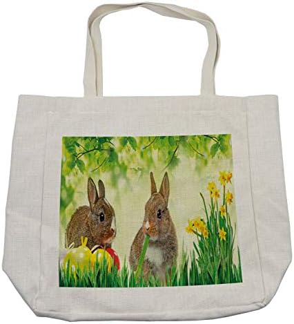 Bolsa de compras de coelhinho da Páscoa de Ambesonne, coelhos marrons Litte Meadow Green Grass Spring Spring Photograph