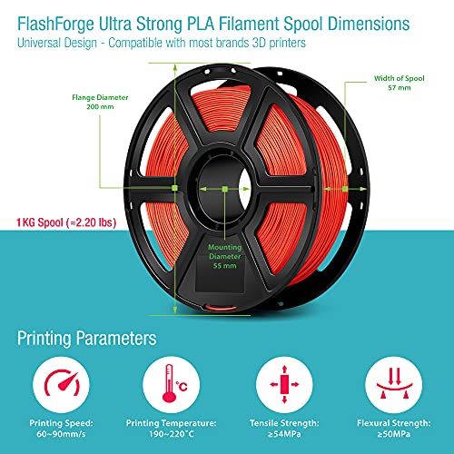 Flashforge Ultra Strong PLA 3D Filamento de impressora, 1,75 mm, 1kg de bobo, precisão fresca e dimensional garantida +/-