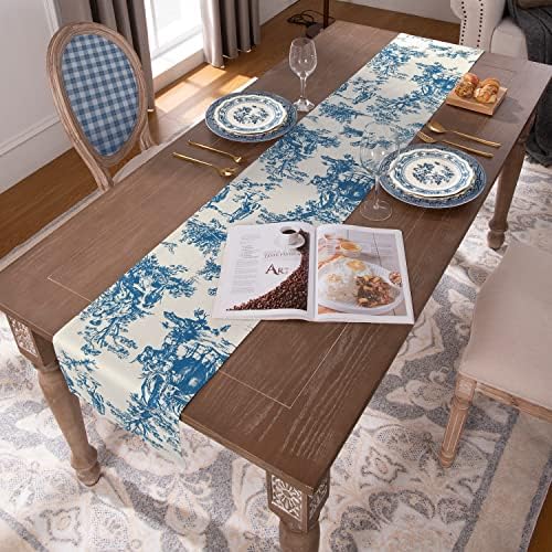Toile Blue Mesa Correntes 72 polegadas de comprimento para a mesa de jantar de cozinha de café, country francês Grand Millennial Chinoiserie Decor Floral Print Design Short Toleta de mesa, azul claro e creme branco