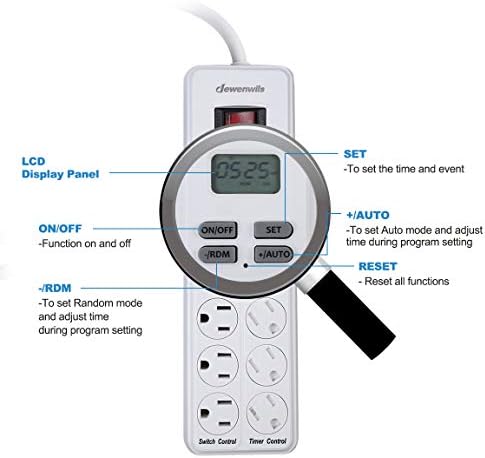 Faixa de energia de 8 outlet de Dewenwils com timer, tomada de temporizador digital para luz de luz de répteis, tartaruga cultivadora de tanques de dragão barbudos em barbago