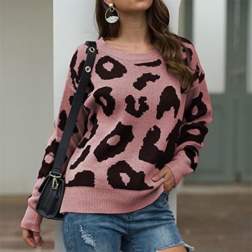 Suéter de malha feminina de malha de inverno o-pescoço de leopardo pullover de manga comprida suéter de manga longa moletom