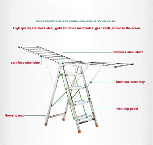 Rack de secagem de roupas de gullwing zjdu, rack de secagem de escada multifuncional, dupla finalidade, rack de secagem de roupas internas e externas dobráveis, aço inoxidável grosso, carga de carga 200 kg, 193 × 44 × 123cm