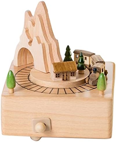 Caixa musical de madeira SEESD com túnel de montanha com pequeno trem netírico em movimento