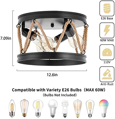 Luz de teto de montagem em descarga industrial, luminária de teto de 3 luzes com tonalidade de corda, luminária de luminária vintage rústica luminária de teto de metal preto para sala de jantar, salão hall de entrada do quarto de entrada