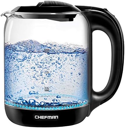 Chefman 1,7 litro de chá de chá elétrico de vidro, caldeira de água quente rápida, operação de um toque, fervura 7 xícaras,