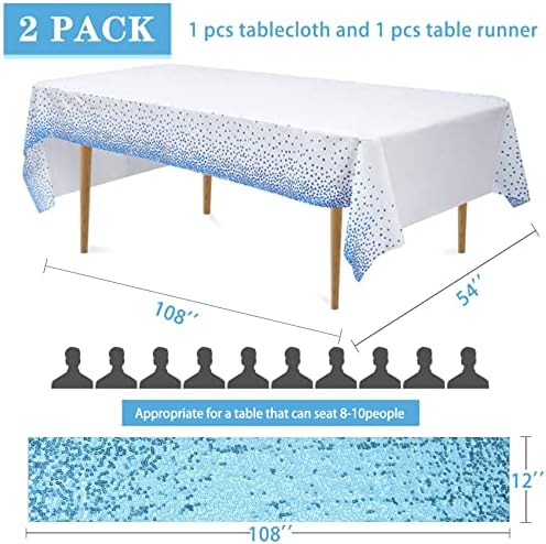Cor corredor de mesa de lantejoulas e conjunto de toalhas de mesa, 12 x108 polegadas de mesa azul corredor, 54 x108 polegadas retângulo