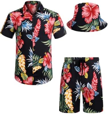 Camisa havaiana masculina de coofandy e roupas de praia de duas peças de flores curtas com chapéus de balde