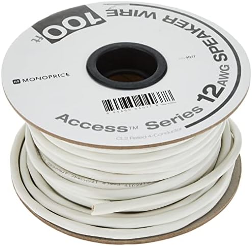 Monoprice 104037 Série de acesso 12 Beda AWG CL2 Classificação 4 Fio / cabo do alto -falante condutor - Segurança de incêndio de 100 pés na parede classificada, jaqueta em material branco de PVC 99,9% sem oxigênio