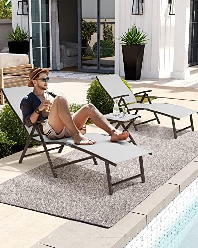 CrestLive produtos dobráveis ​​pátio cadeira de lounge para fora, conjunto de 2 com mesa, cadeira reclinável de piscina externa ajustável